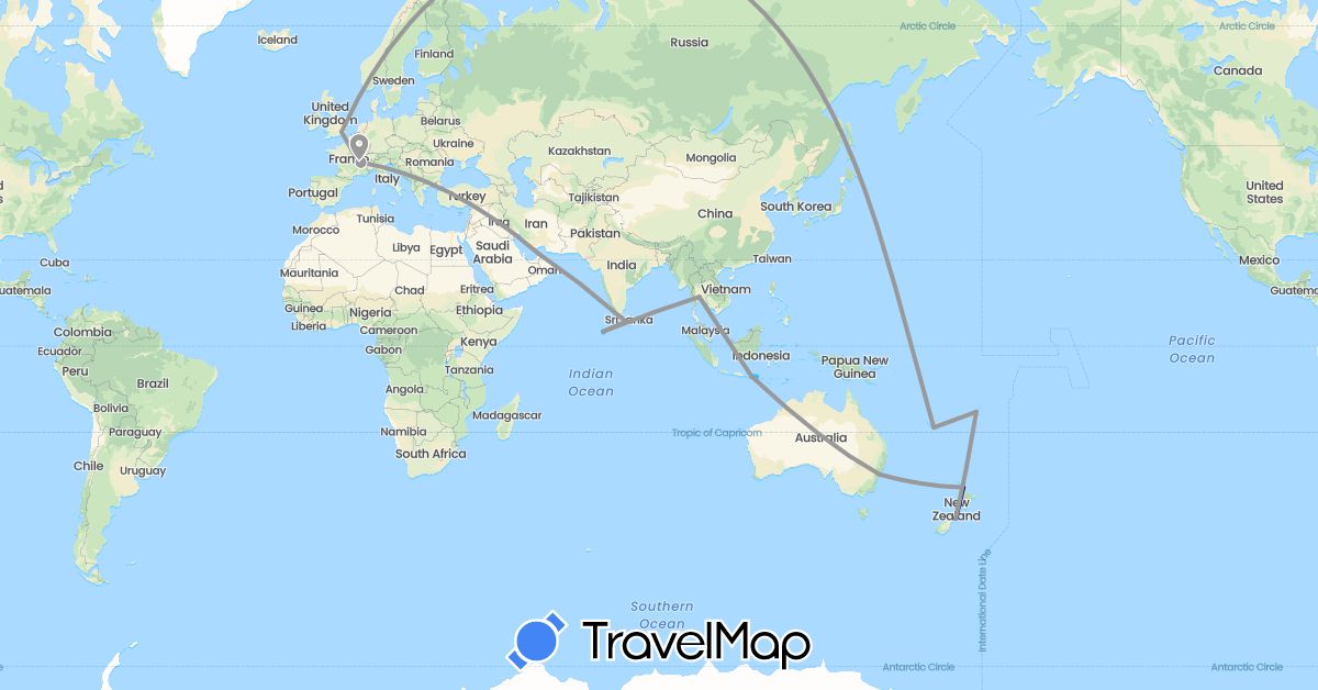 TravelMap itinerary: driving, plane, boat in Australia, Fiji, France, United Kingdom, Indonesia, Sri Lanka, Maldives, New Caledonia, New Zealand, Thailand (Asia, Europe, Oceania)